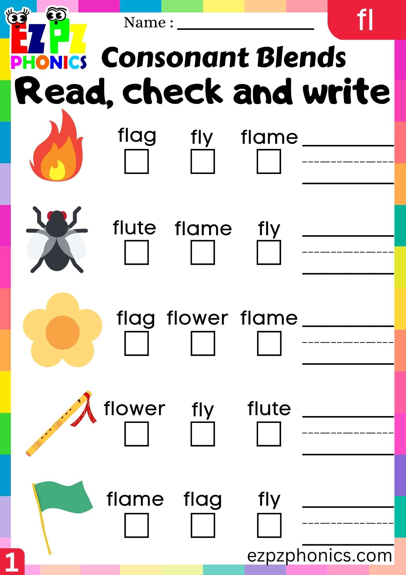 Group1 Fl Words Read Check And Write Phonics Consonant Blends Worksheet